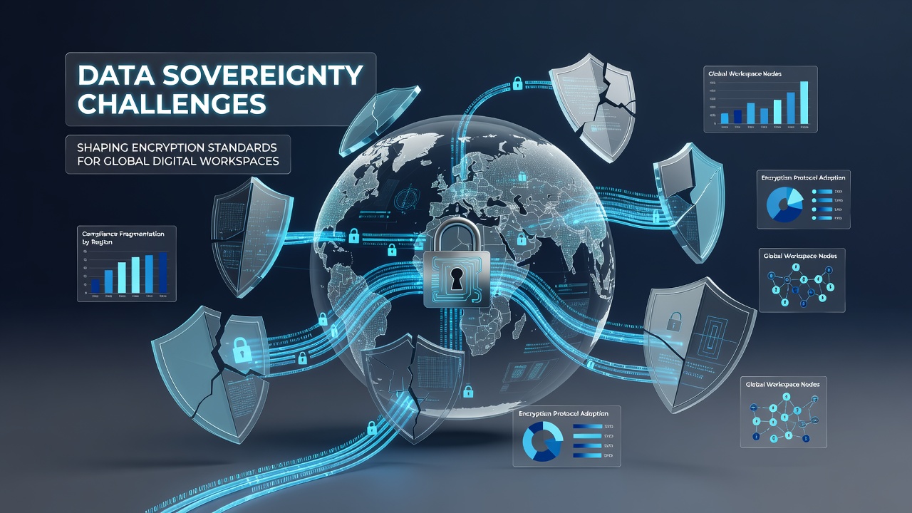 Diagram showing segmented encryption keys managed across multiple sovereign data centers for collaborative digital environments