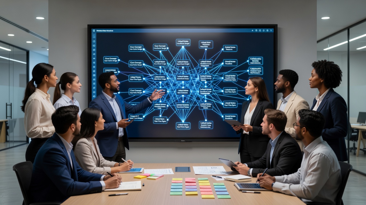 Team members collaborating around digital note networks displayed on shared screens